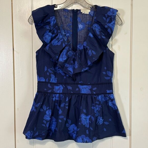 Kate Spade Hibiscus Ruffle V Neck Sleeveless Peplum Top - Picture 2 of 7